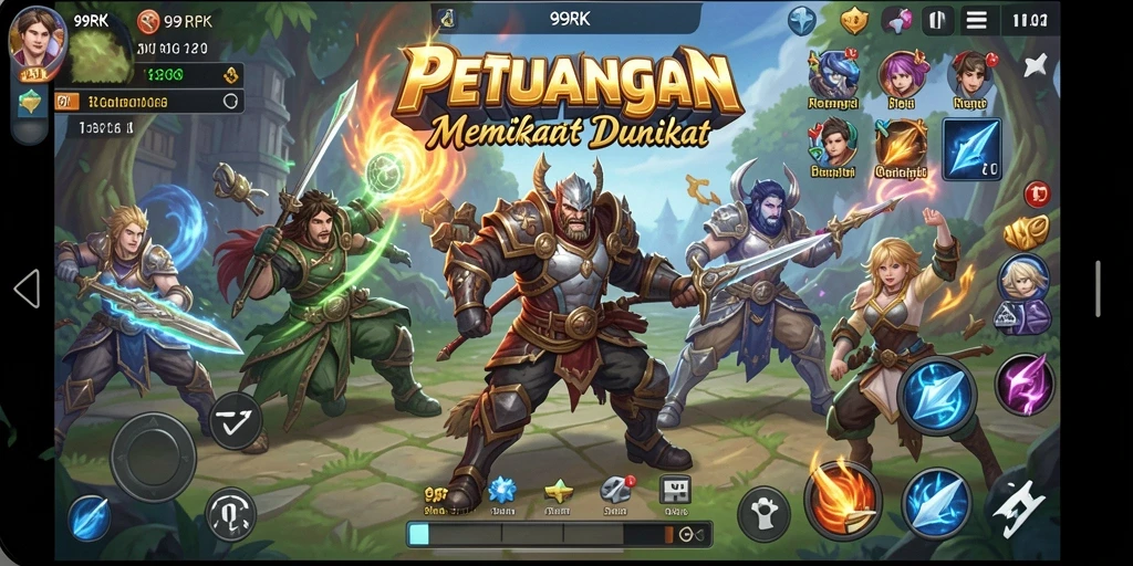 Screenshot gameplay 99RK menampilkan pertempuran seru di dunia fantasi.