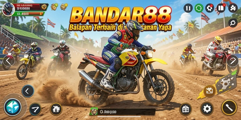 Tampilan gameplay mendebarkan dari BANDAR88 dengan balapan motor yang cepat.
