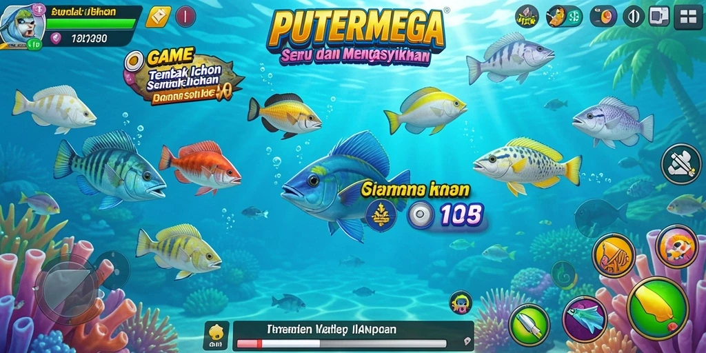 Gameplay PUTERMEGA yang menarik dengan berbagai ikan untuk ditangkap.