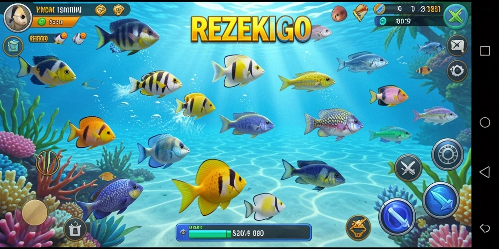 Tampilan gameplay seru di REZEKIGO dengan ikan beragam.
