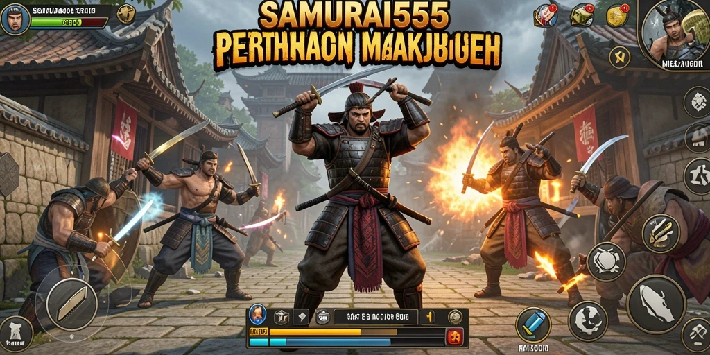 Tampilan gameplay SAMURAI555 dengan menara berfungsi melawan musuh.